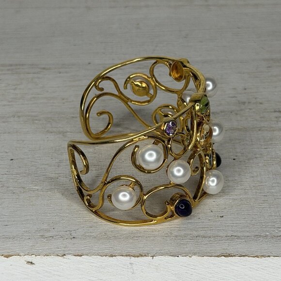 925 Sterling Silver Wide Filigree Stone & Pearl Cuff Bracelet 55.9g VGC - Picture 2 of 6